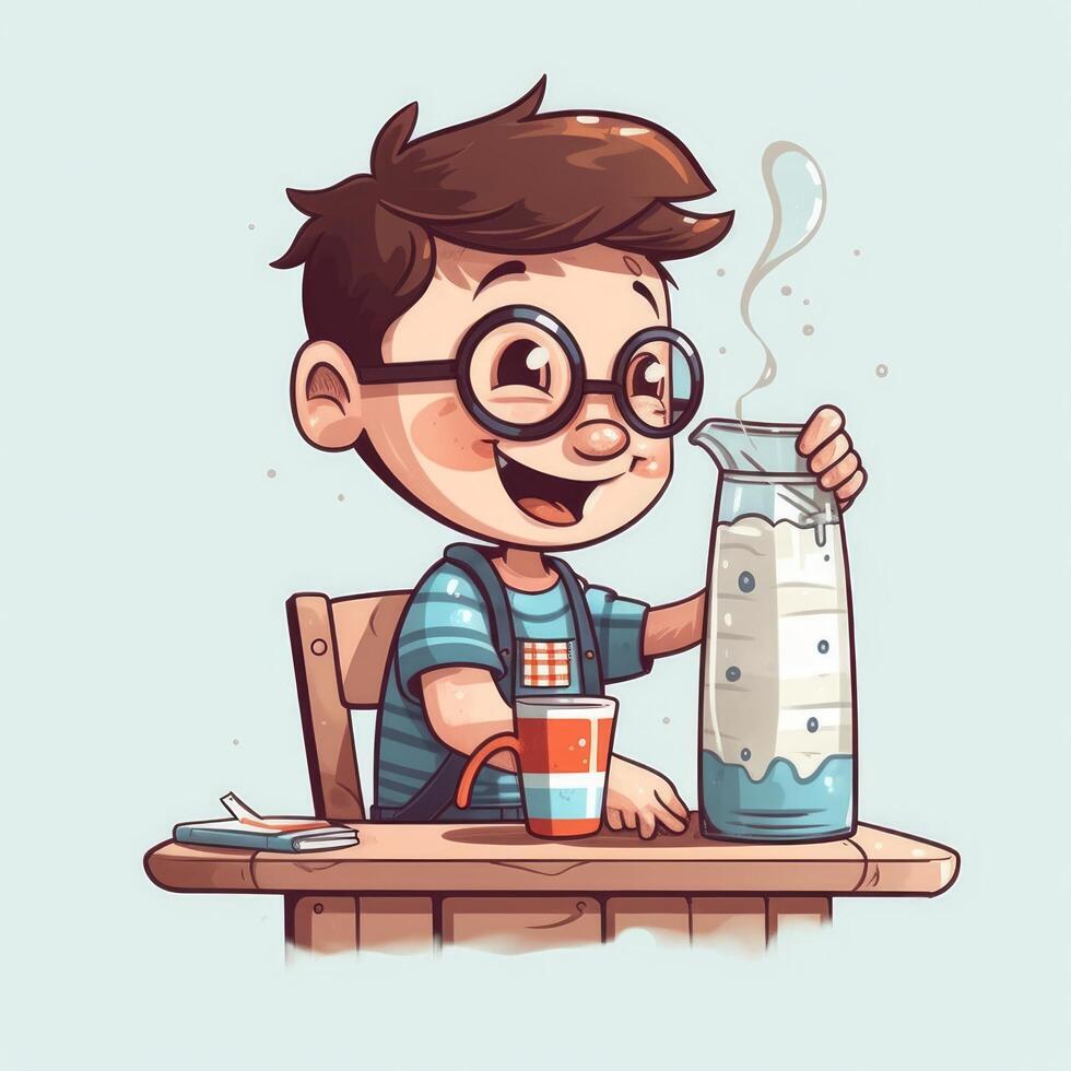 Young boy drinking milk, cartoon illustration with photo