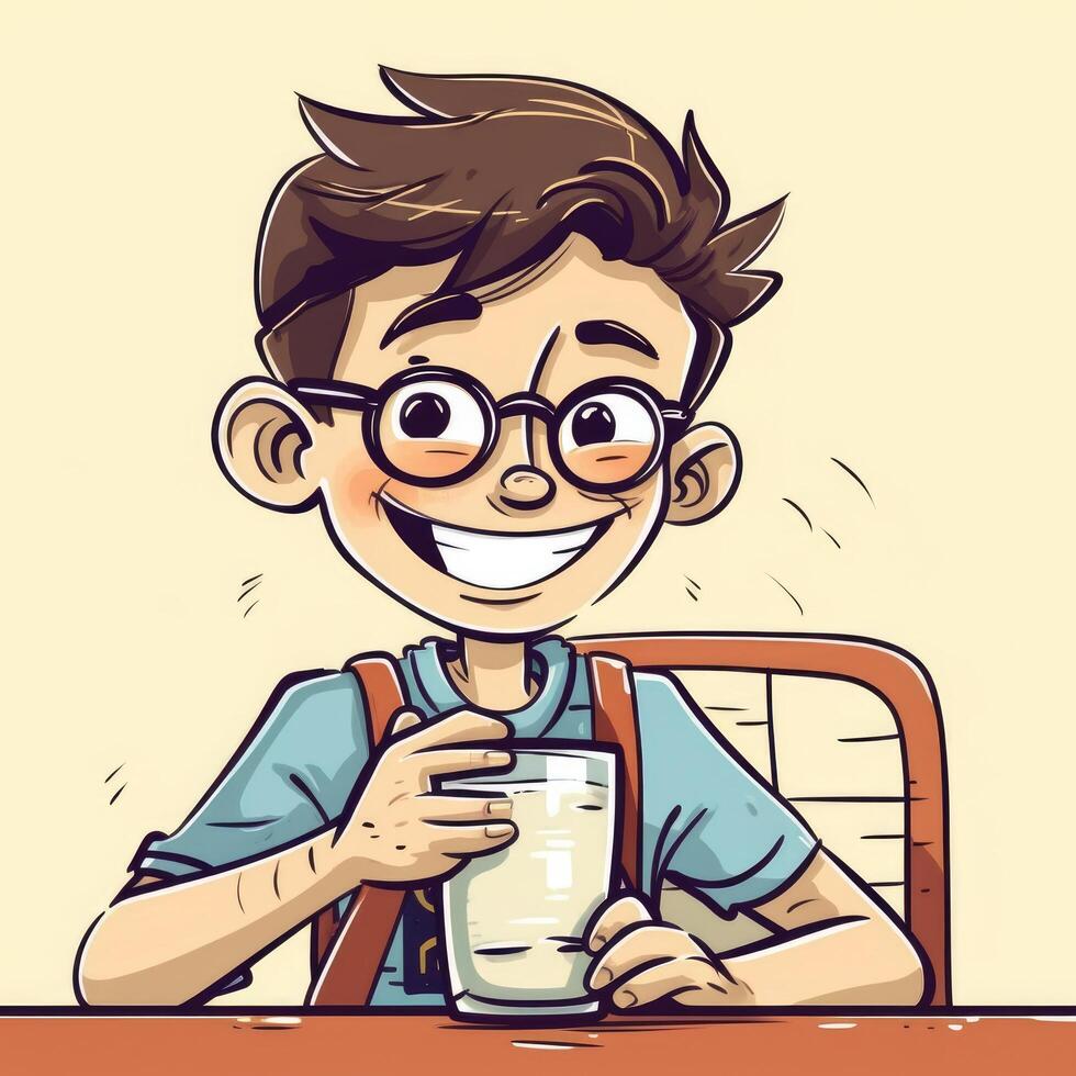 Young boy drinking milk, cartoon illustration with photo