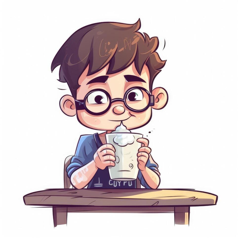 Young boy drinking milk, cartoon illustration with photo