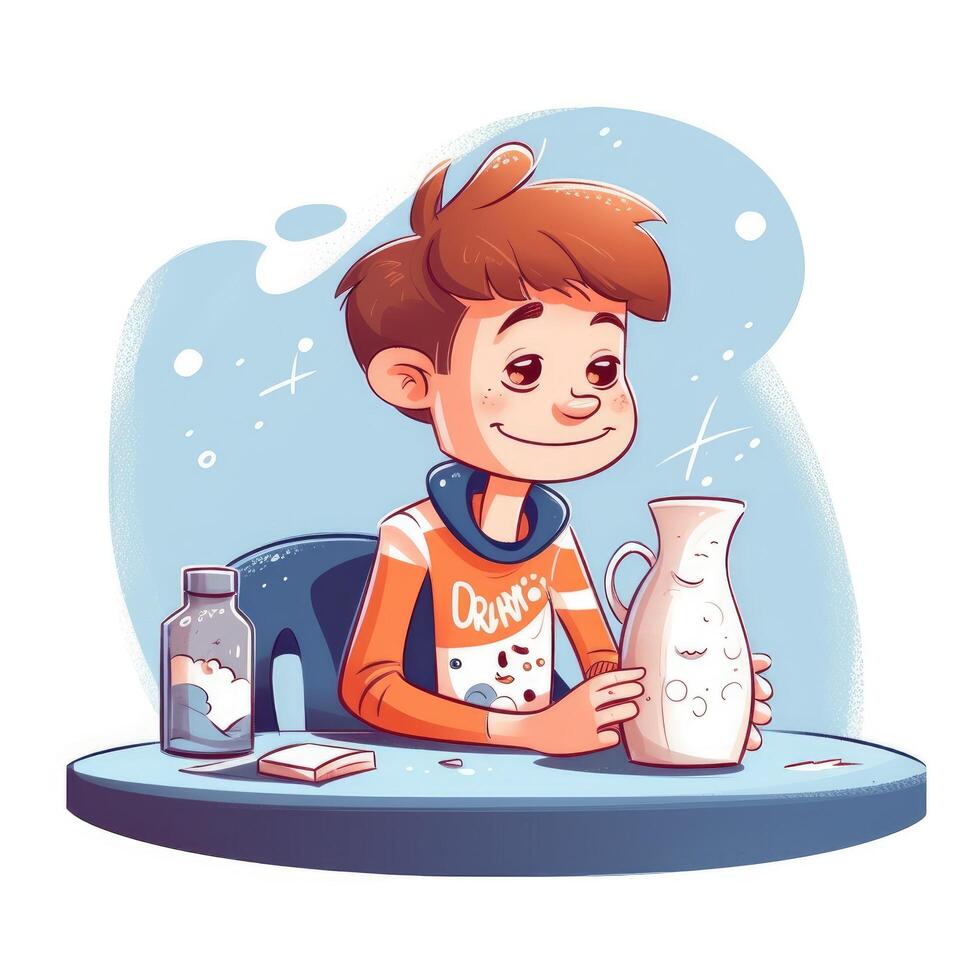 Young boy drinking milk, cartoon illustration with photo