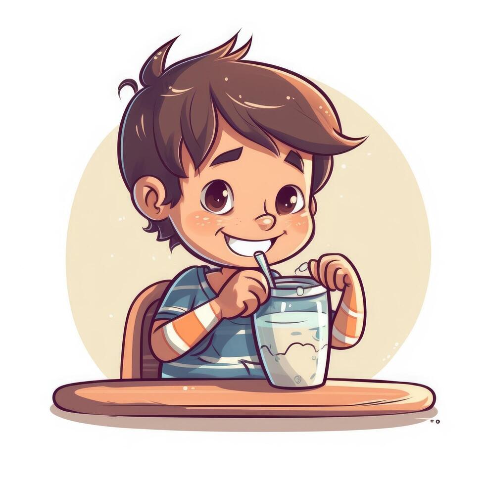 Young boy drinking milk, cartoon illustration with photo