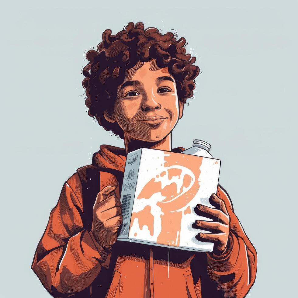 Young boy drinking milk, cartoon illustration with photo