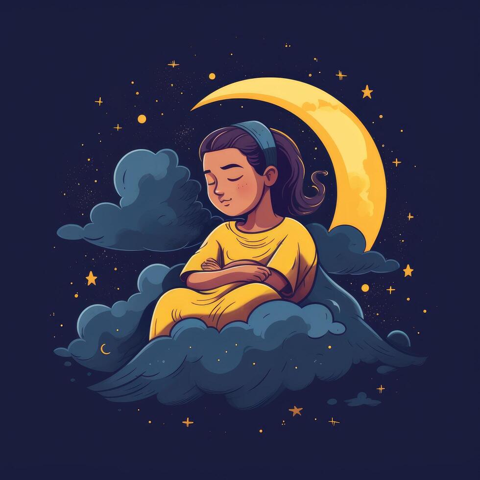 niña dormido entre el azul cielo, brillante Luna y estrellas, dibujos animados con generativo ai foto