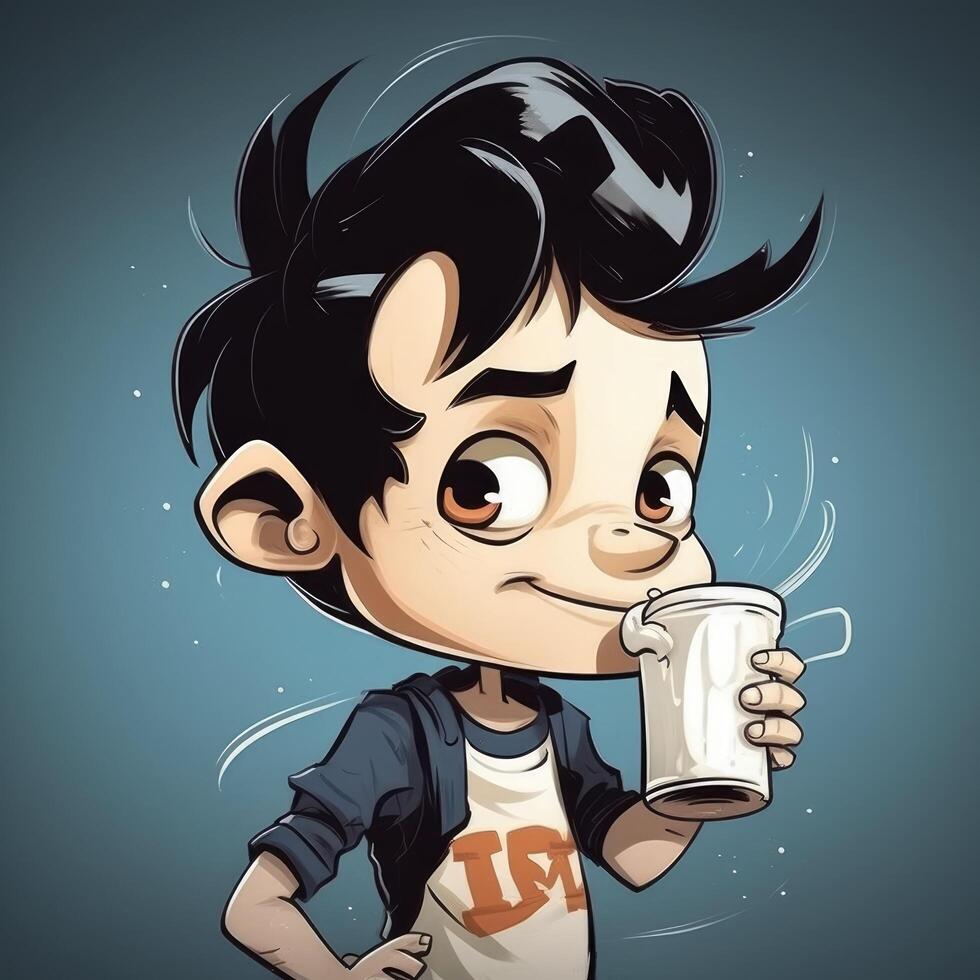 Young boy drinking milk, cartoon illustration with photo