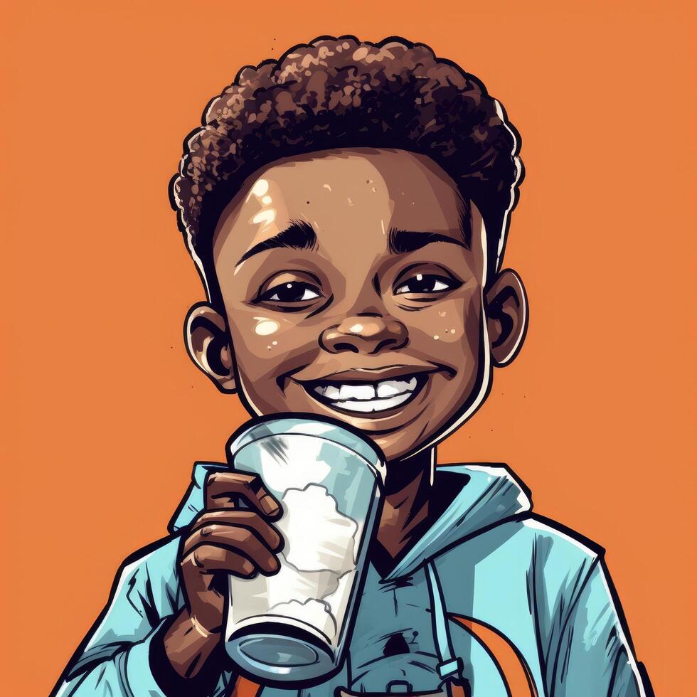 Young boy drinking milk, cartoon illustration with photo