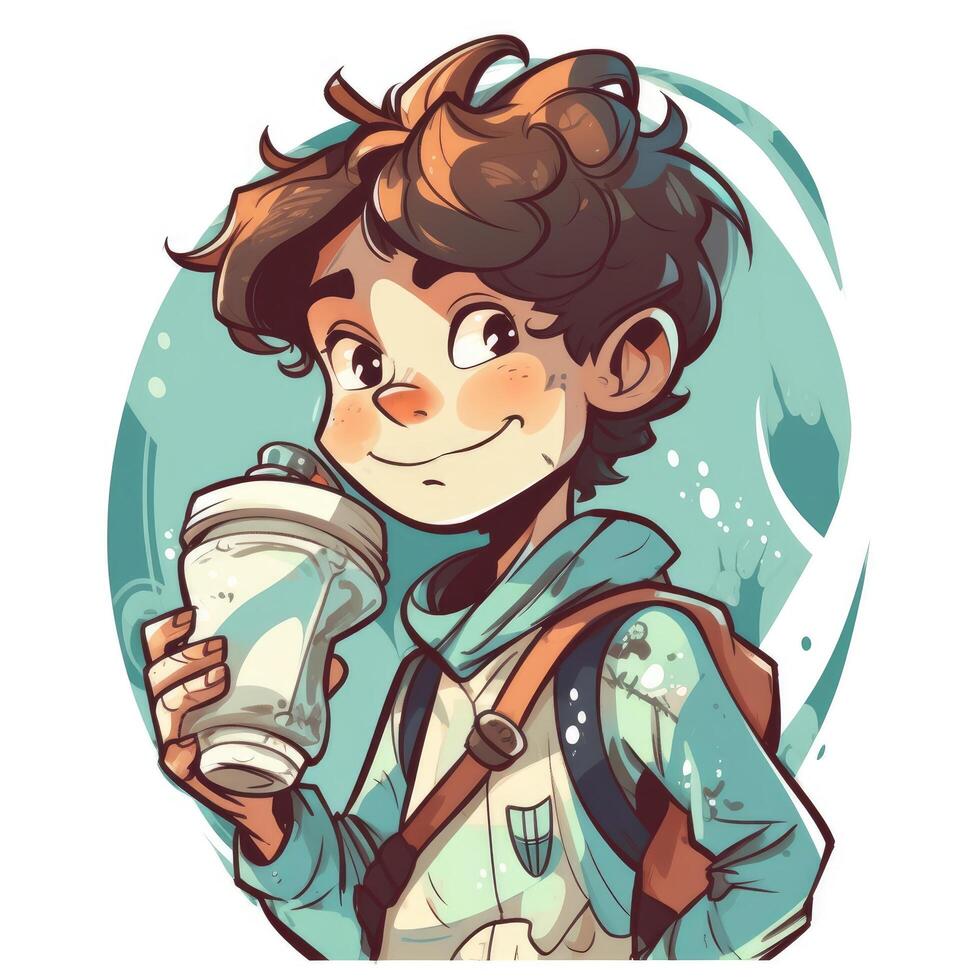 Young boy drinking milk, cartoon illustration with photo