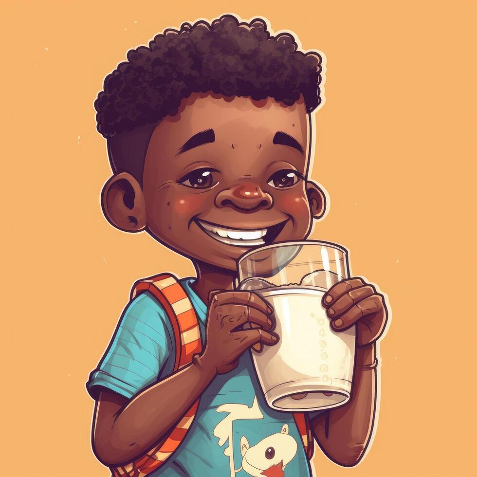 Young boy drinking milk, cartoon illustration with photo