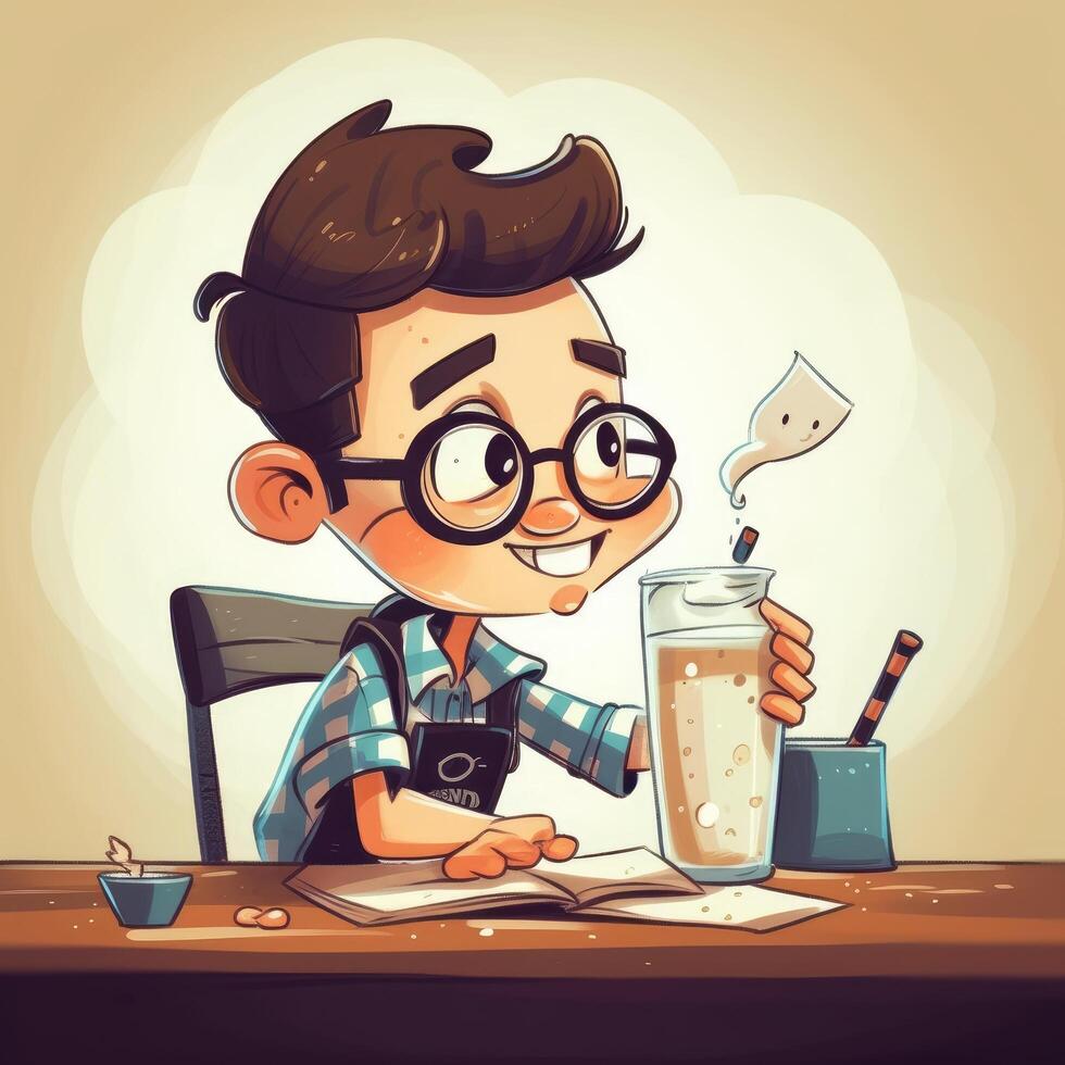 Young boy drinking milk, cartoon illustration with photo