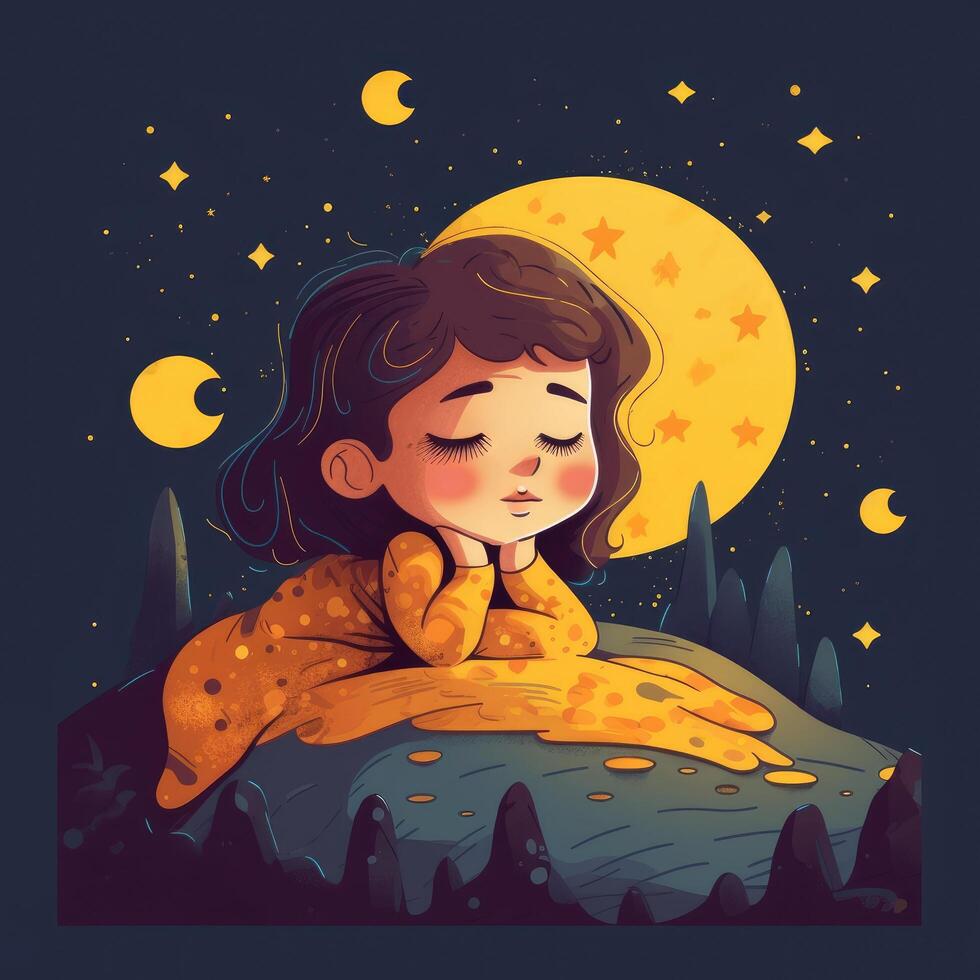 Girl sleeping among the blue sky, bright moon and stars, cartoon with photo