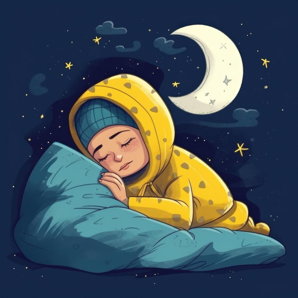 Girl sleeping among the blue sky, bright moon and stars, cartoon with photo