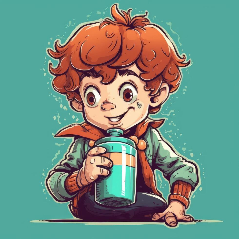 Young boy drinking milk, cartoon illustration with photo