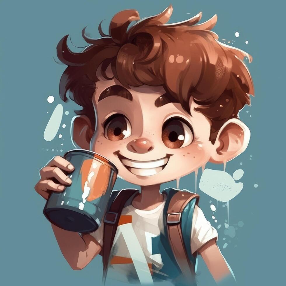 Young boy drinking milk, cartoon illustration with photo