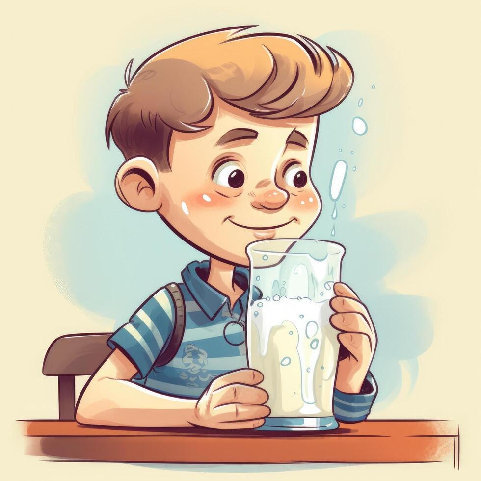 Young boy drinking milk, cartoon illustration with photo