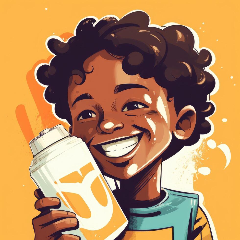 Young boy drinking milk, cartoon illustration with photo