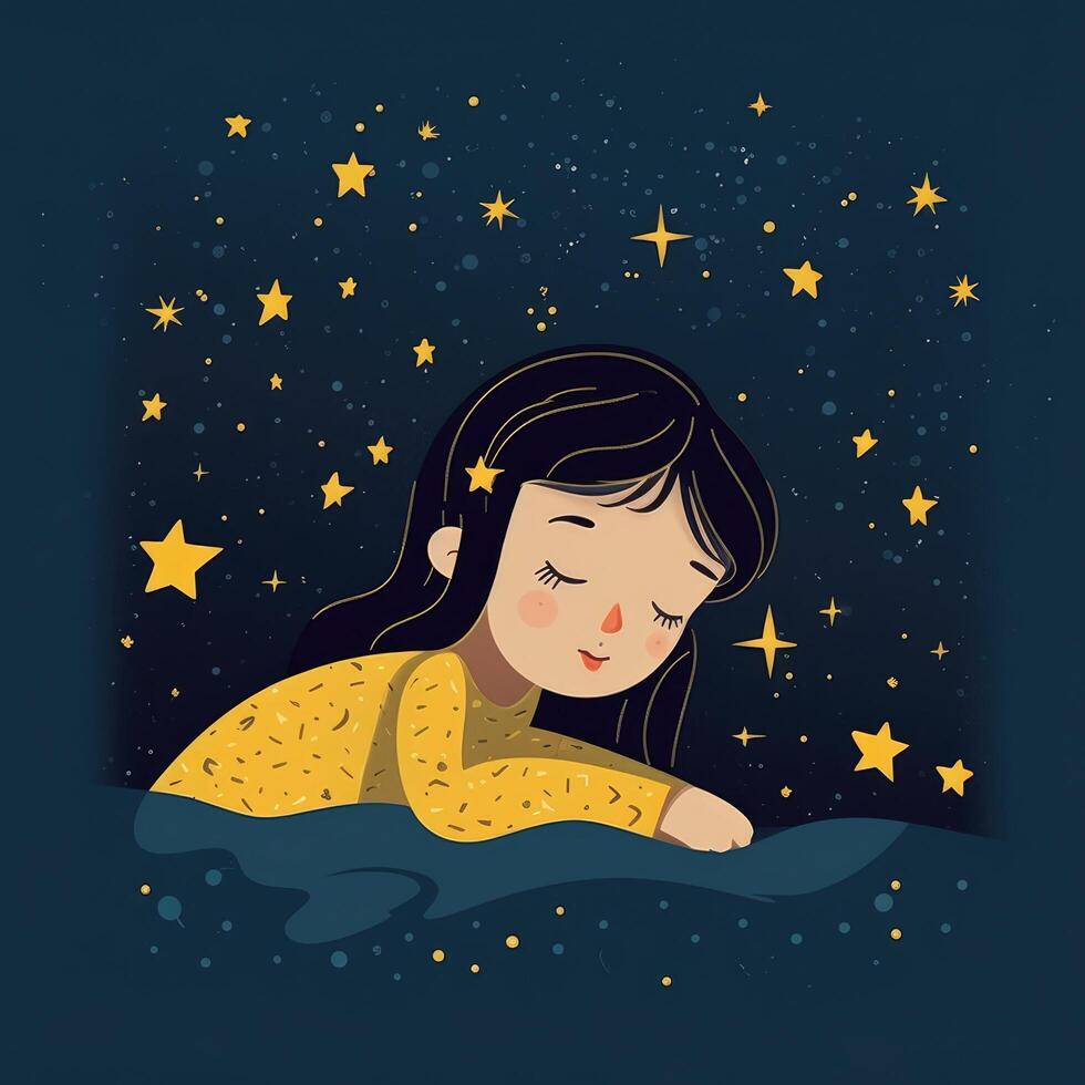 Girl sleeping among the blue sky, bright moon and stars, cartoon with photo