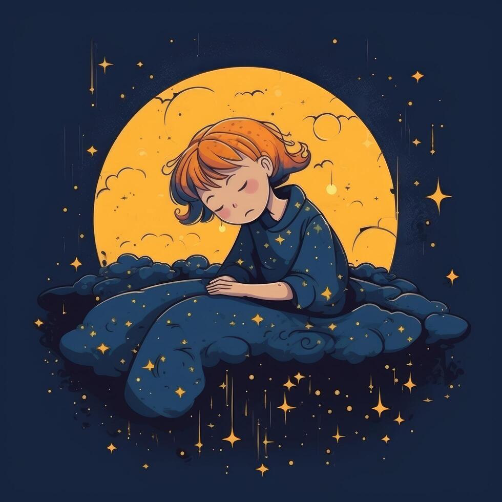 Girl sleeping among the blue sky, bright moon and stars, cartoon with photo