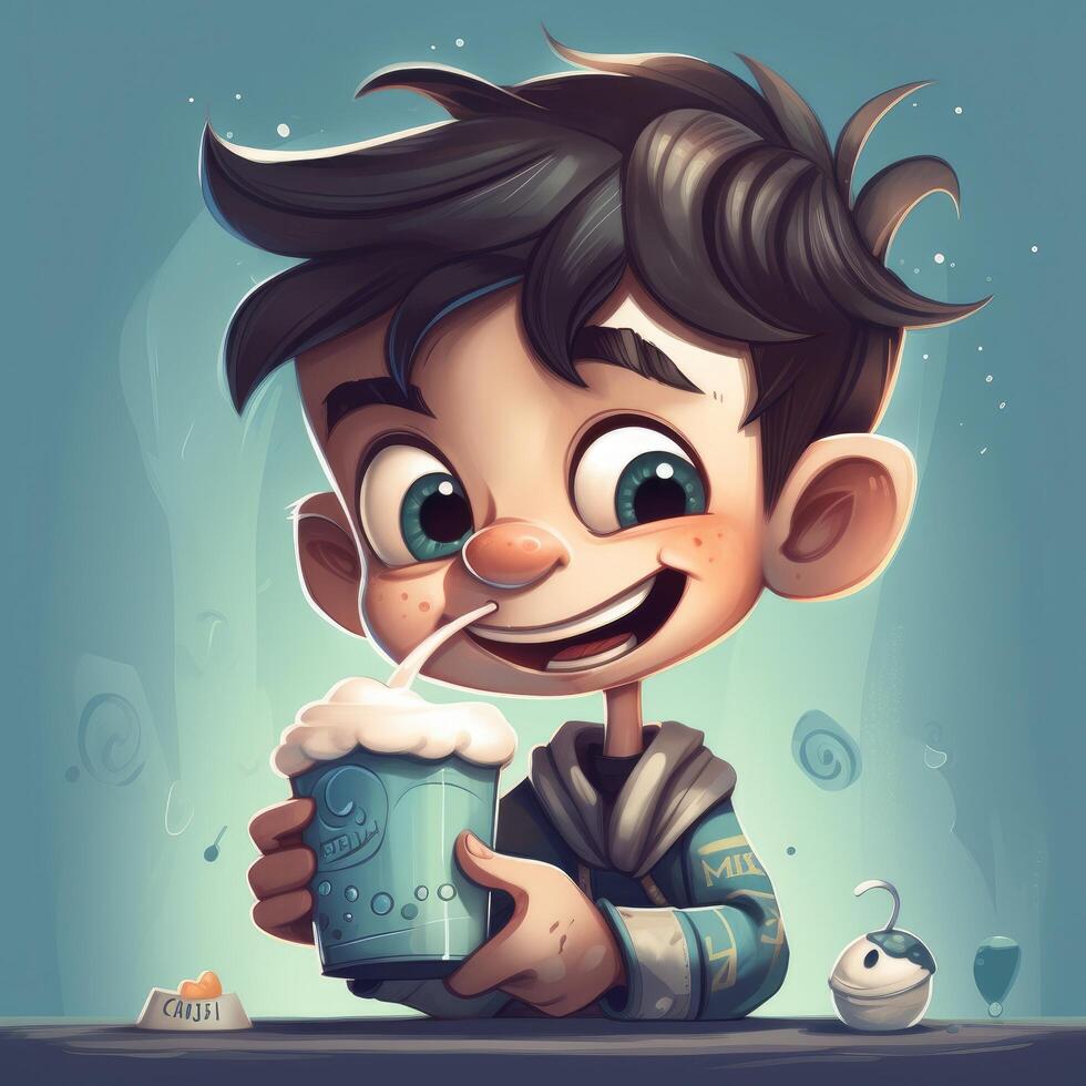 Young boy drinking milk, cartoon illustration with photo