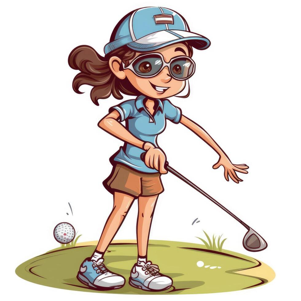 niña golfista jugando un verde fondo, dibujos animados ilustración con generativo ai foto