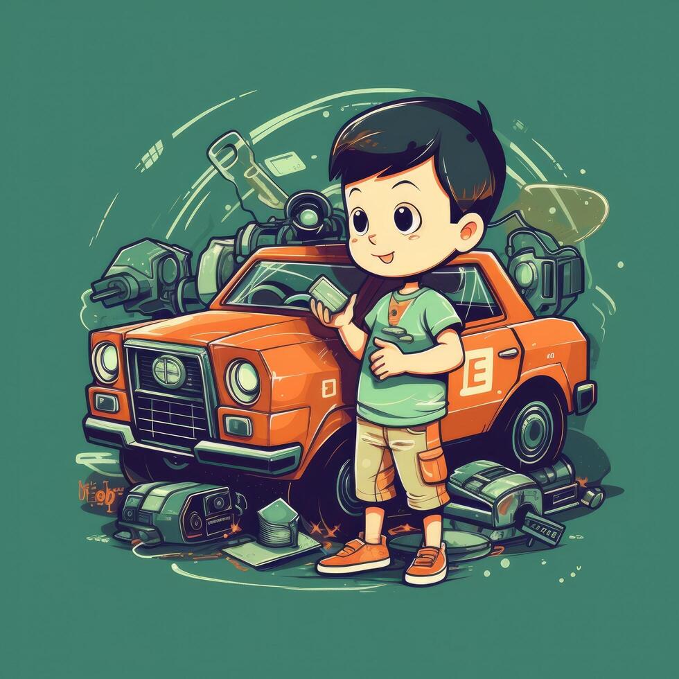 Boy playing with toy car, cartoon illustration with photo