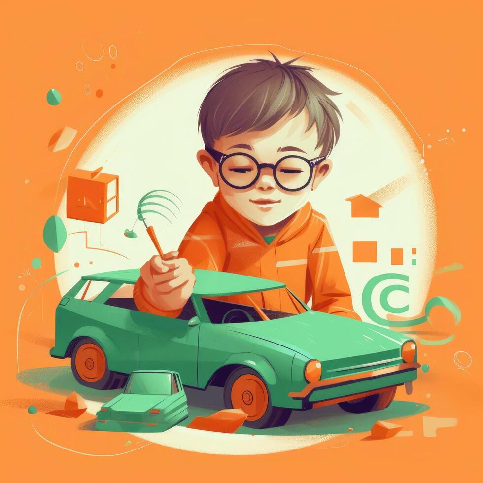 Boy playing with toy car, cartoon illustration with photo