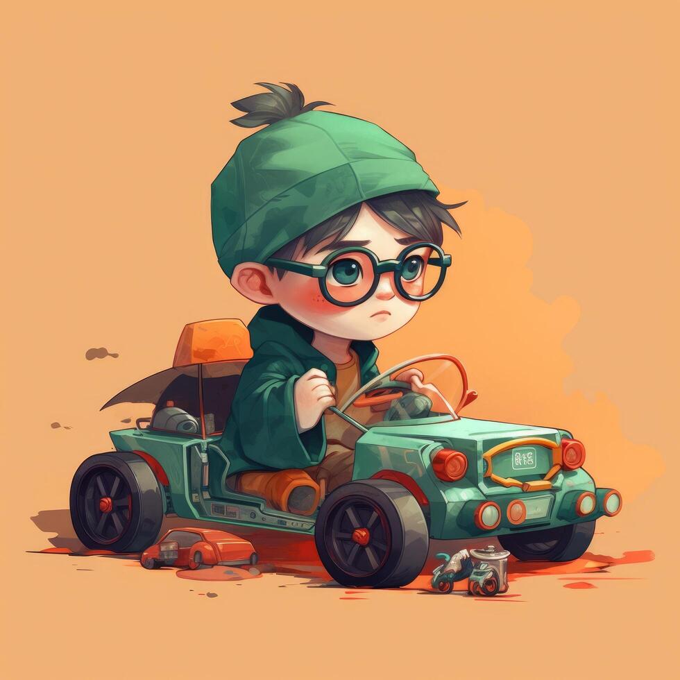 Boy playing with toy car, cartoon illustration with photo