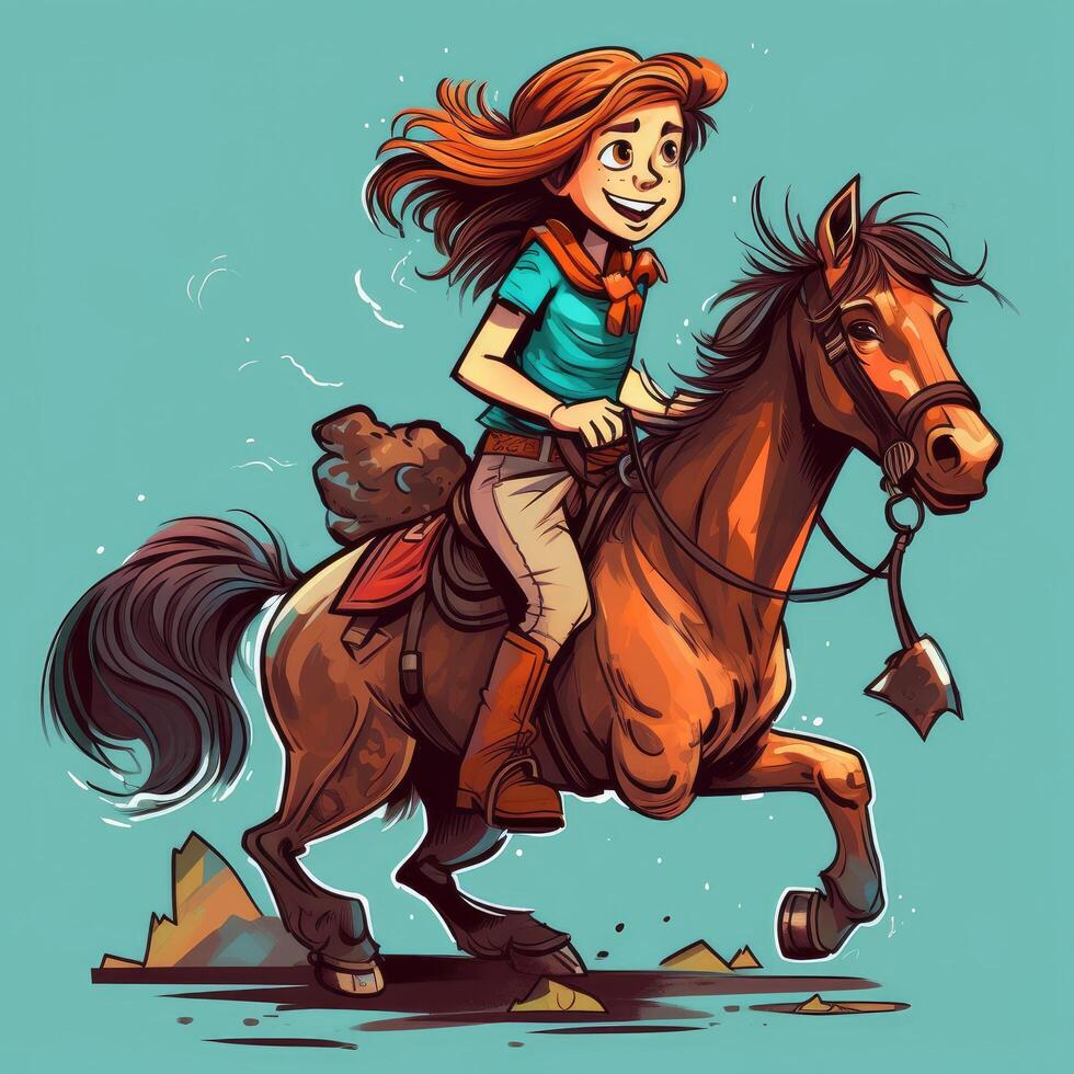 un niña montando en un caballo, dibujos animados ilustración con generativo ai foto