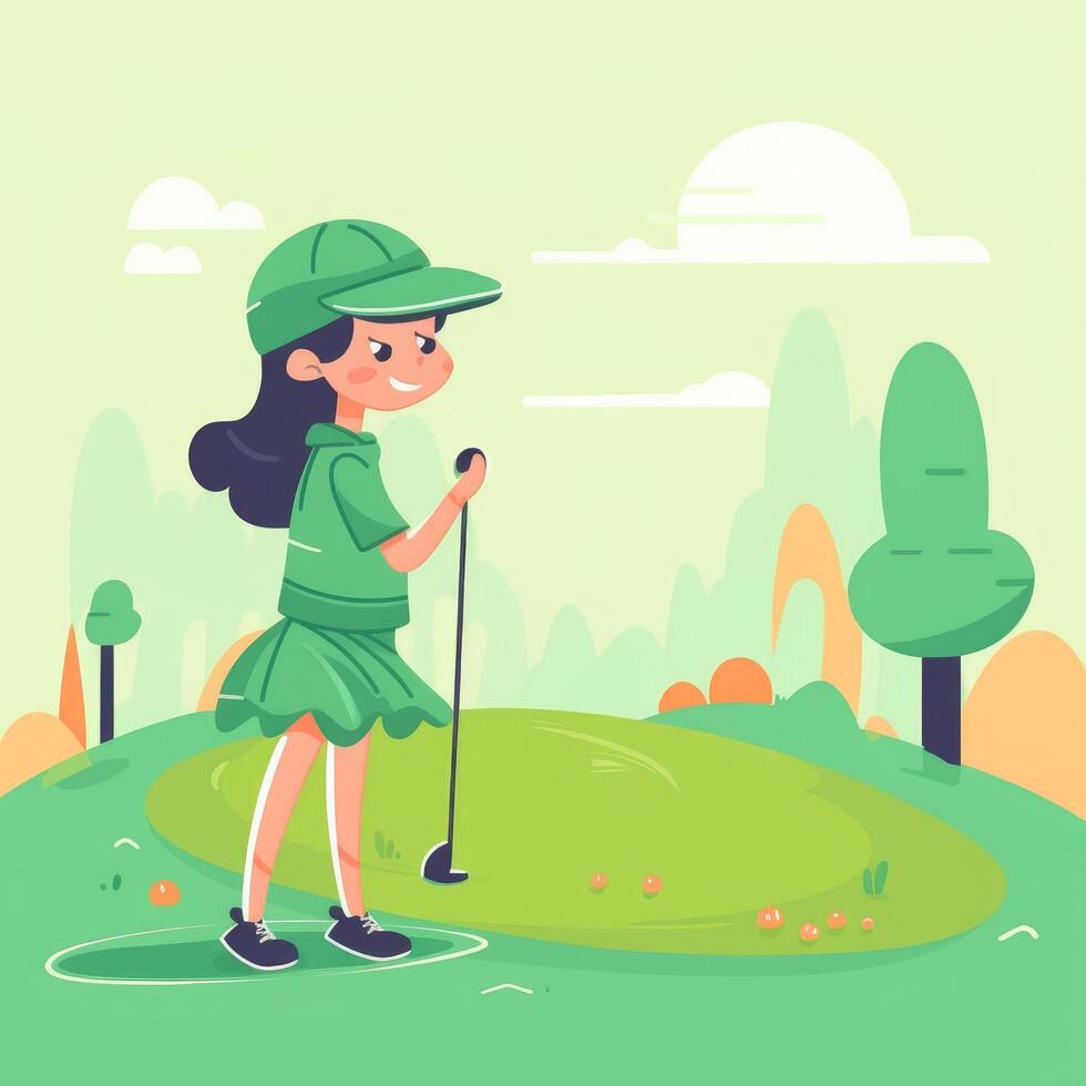 Girl golfer playing a green background, cartoon illustration with photo