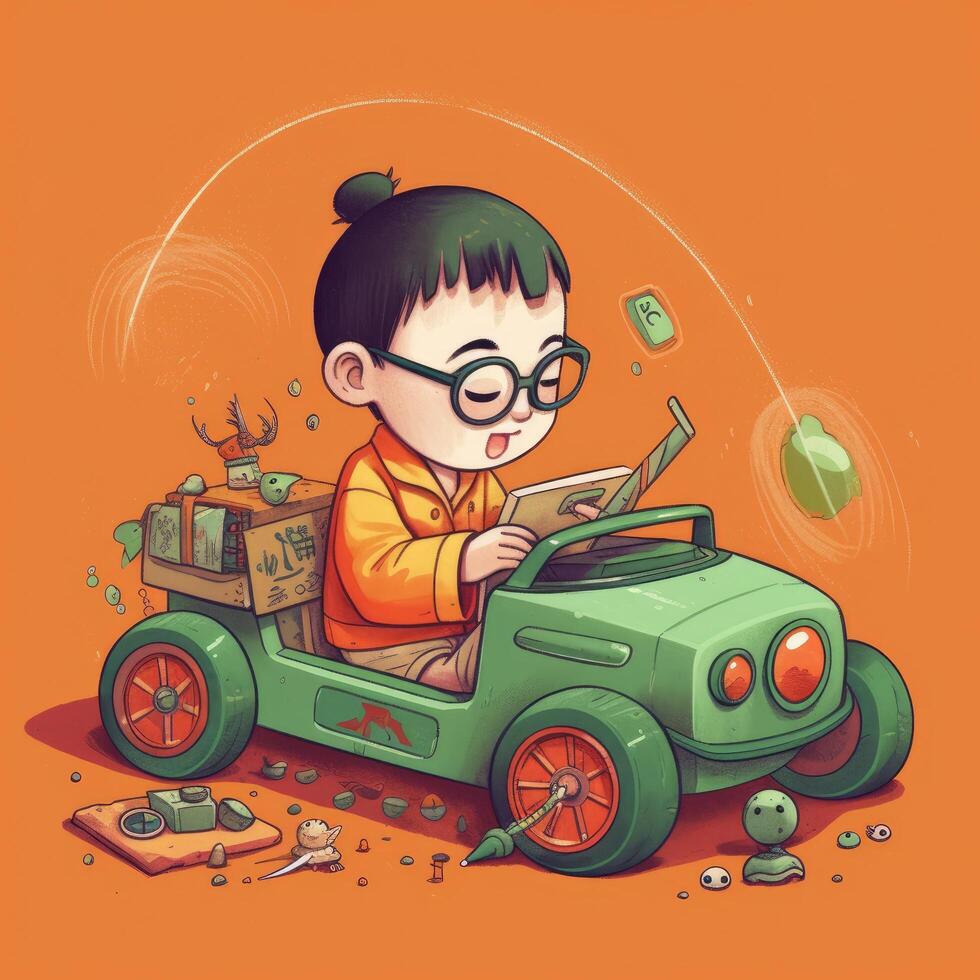 Boy playing with toy car, cartoon illustration with photo