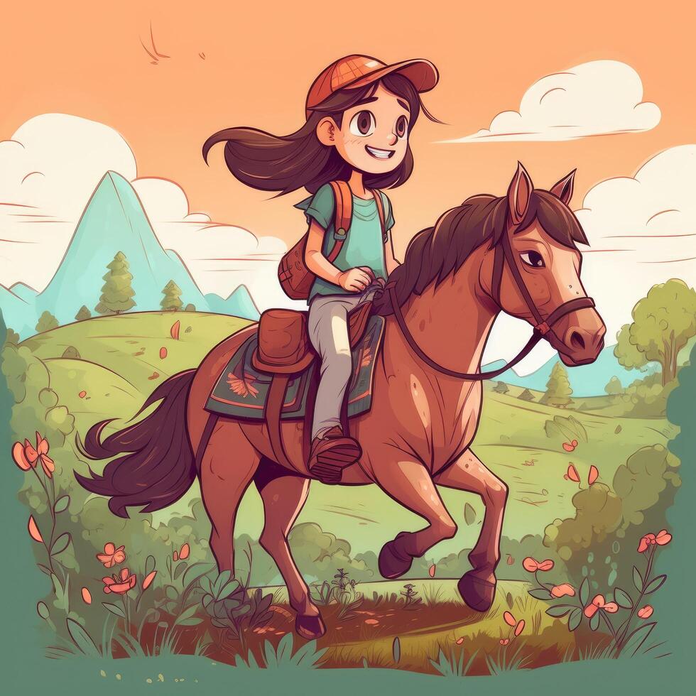 un niña montando en un caballo, dibujos animados ilustración con generativo ai foto