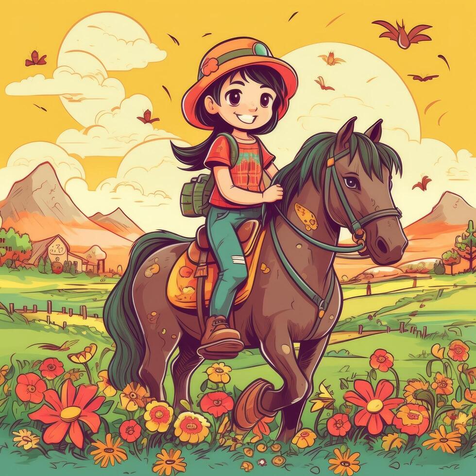 un niña montando en un caballo, dibujos animados ilustración con generativo ai foto