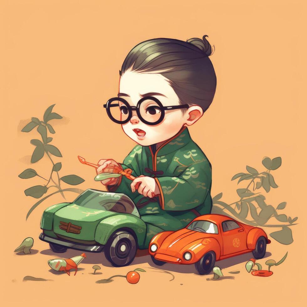Boy playing with toy car, cartoon illustration with photo