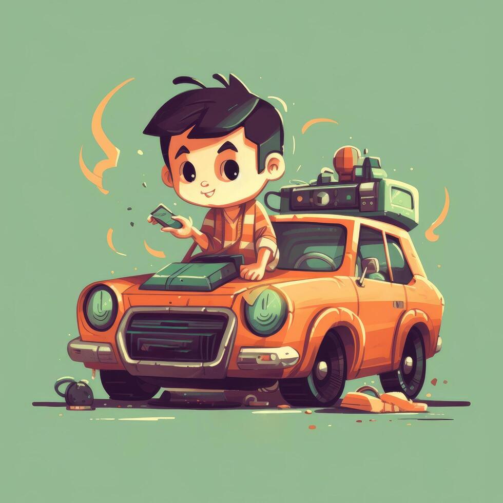 Boy playing with toy car, cartoon illustration with photo