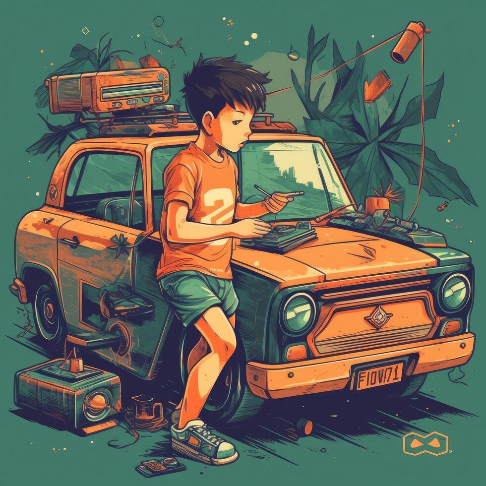 Boy playing with toy car, cartoon illustration with photo