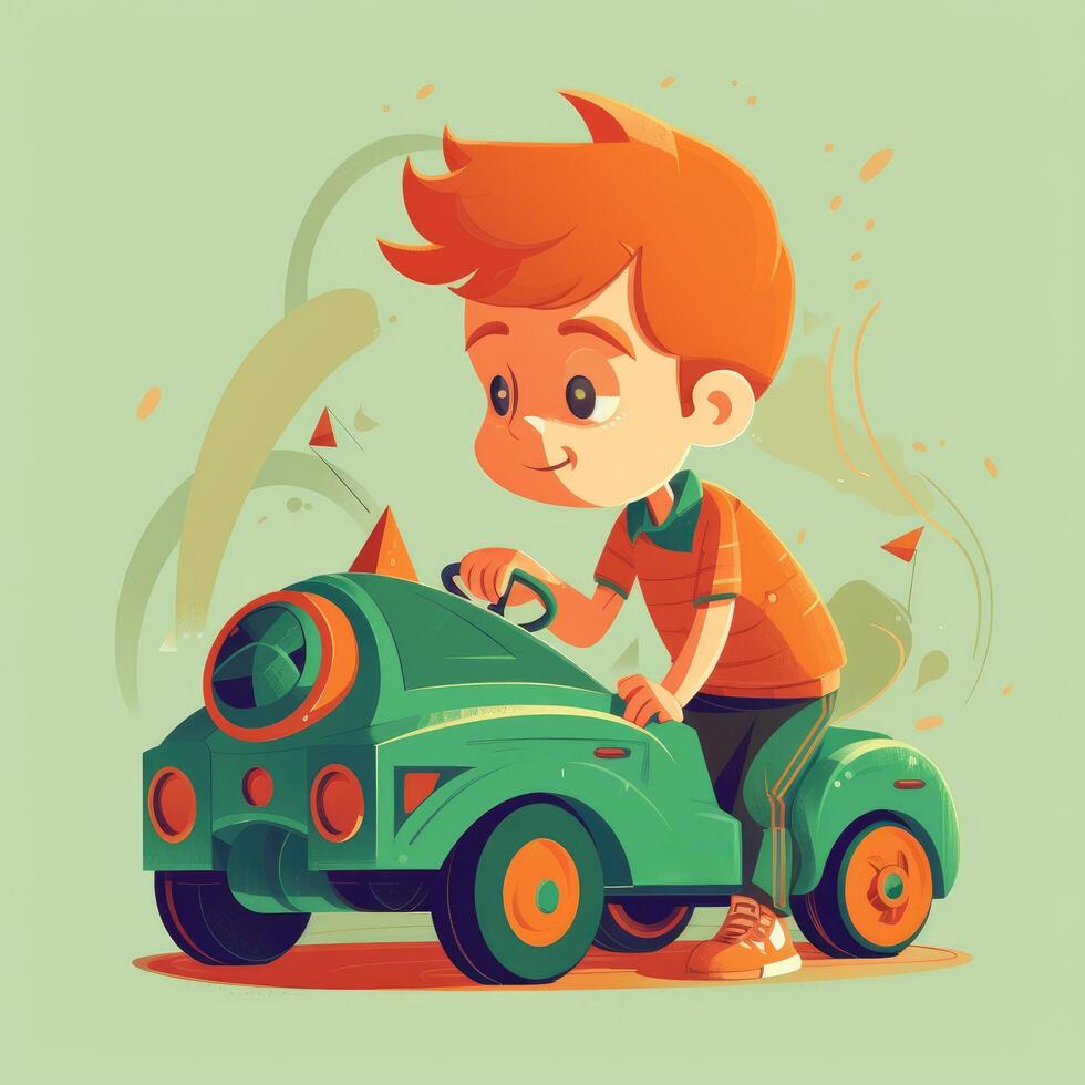 Boy playing with toy car, cartoon illustration with photo
