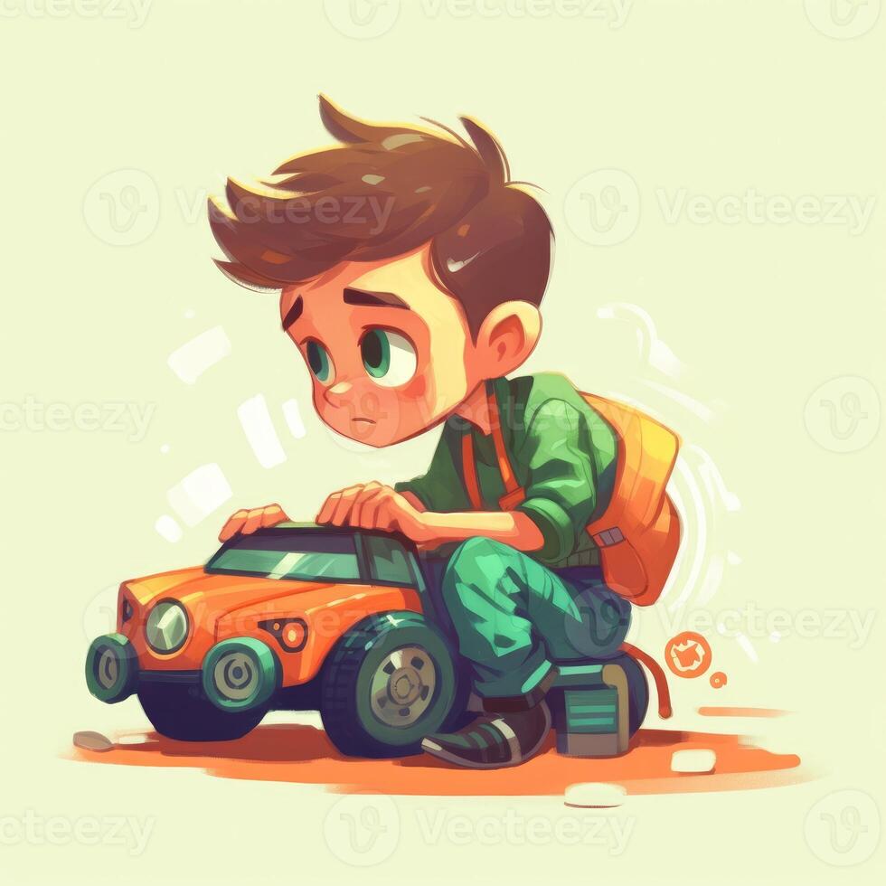 Boy playing with toy car, cartoon illustration with photo