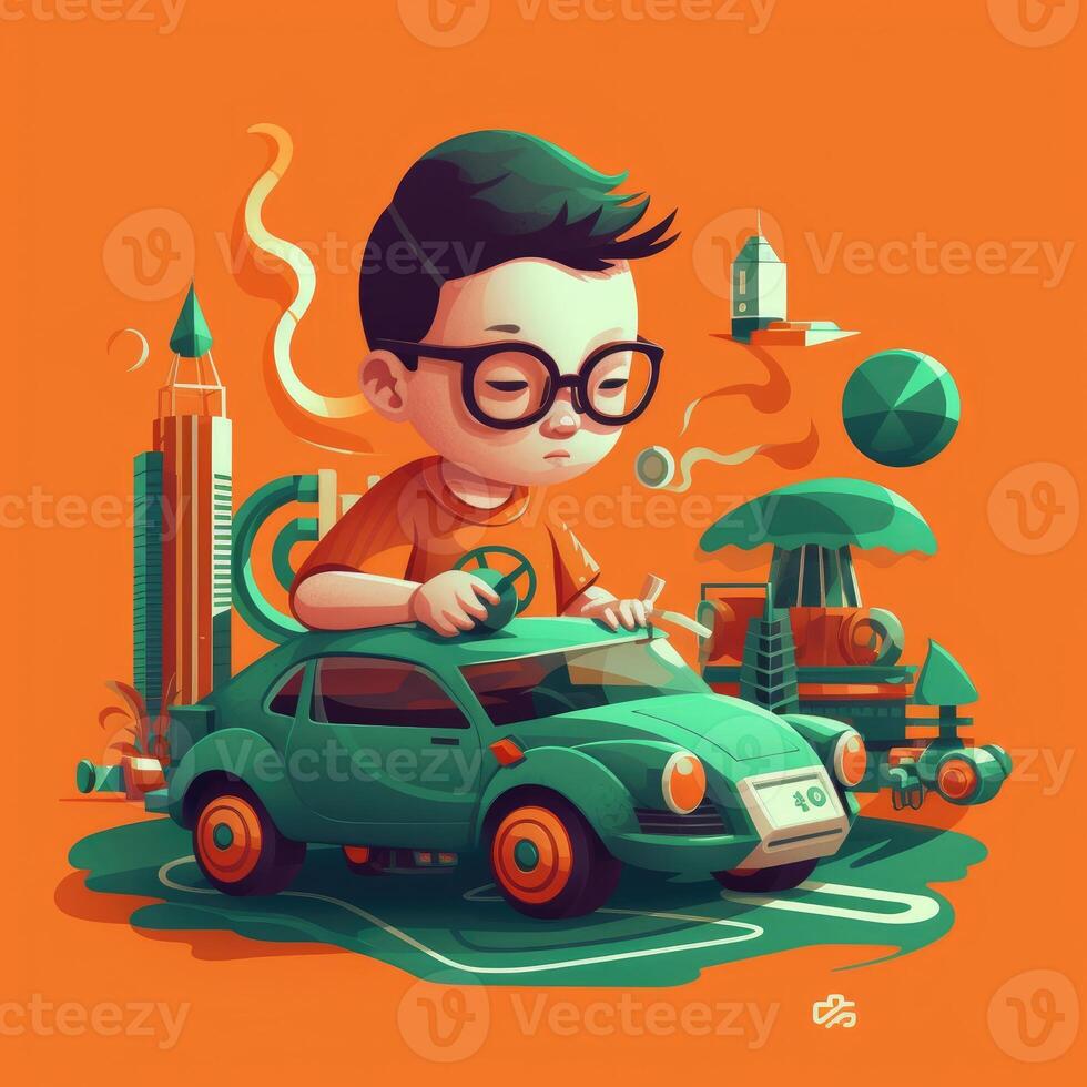 Boy playing with toy car, cartoon illustration with photo