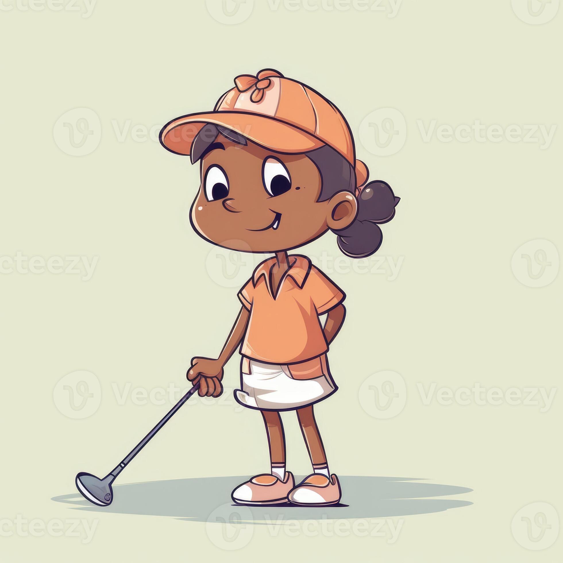 Girl golfer playing a green background, cartoon illustration with