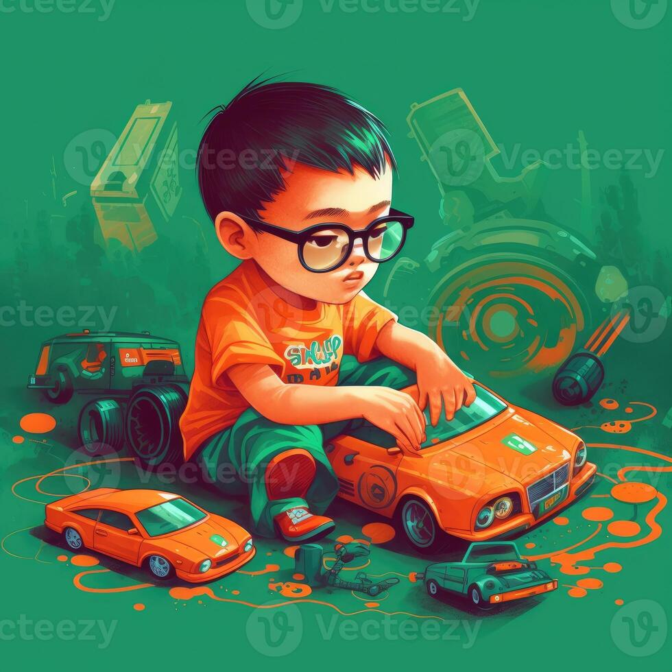 Boy playing with toy car, cartoon illustration with photo
