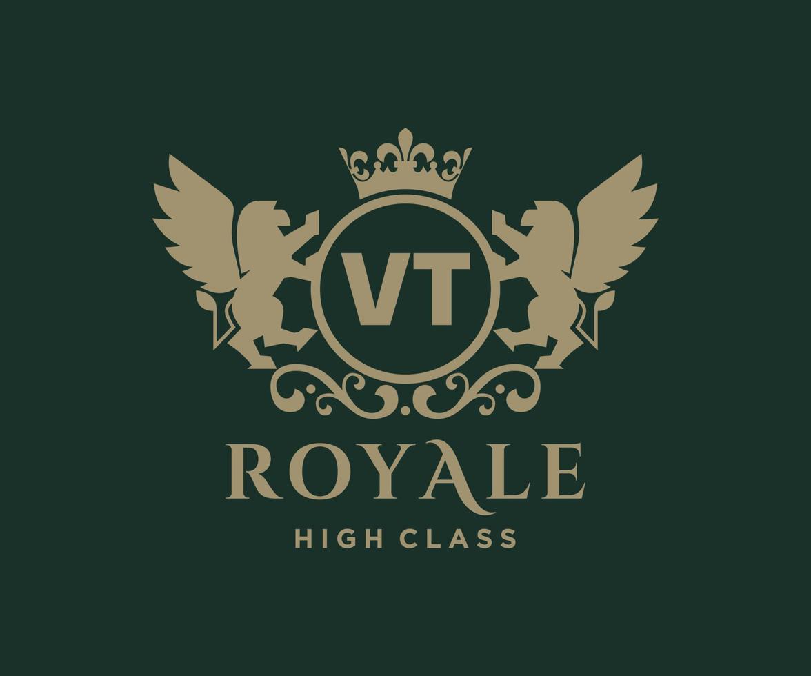 Golden Letter VT template logo Luxury gold letter with crown. Monogram alphabet . Beautiful royal initials letter. vector