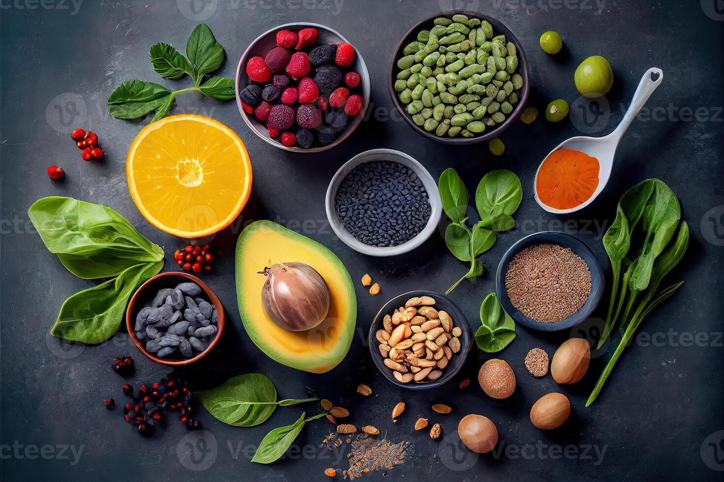 illustration of healthy food clean eating selection on gray concrete background photo