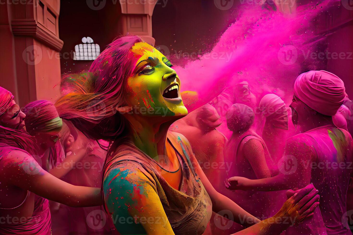 illustration of crowd of fans at concert, Dance, sing, and splatter colored water and paint all over the place to celebrate the festival of colors photo