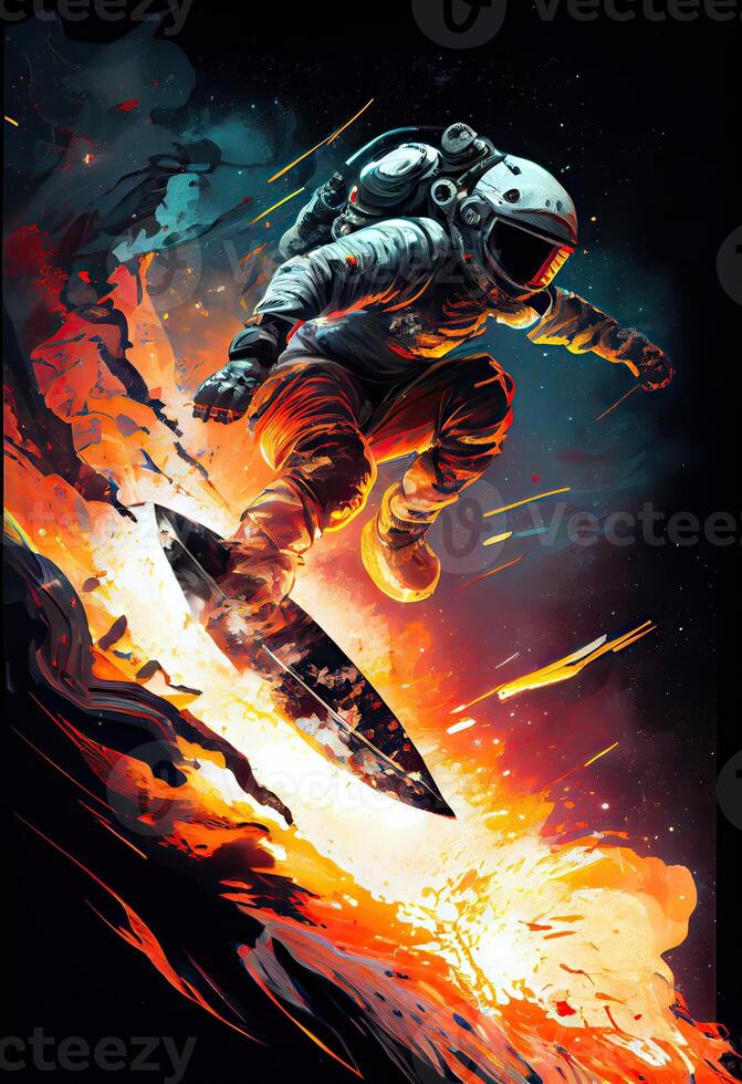 illustration of a space explorer riding a rocket-powered surfboard through an asteroid field, in a digital art style with a galactic color palette photo