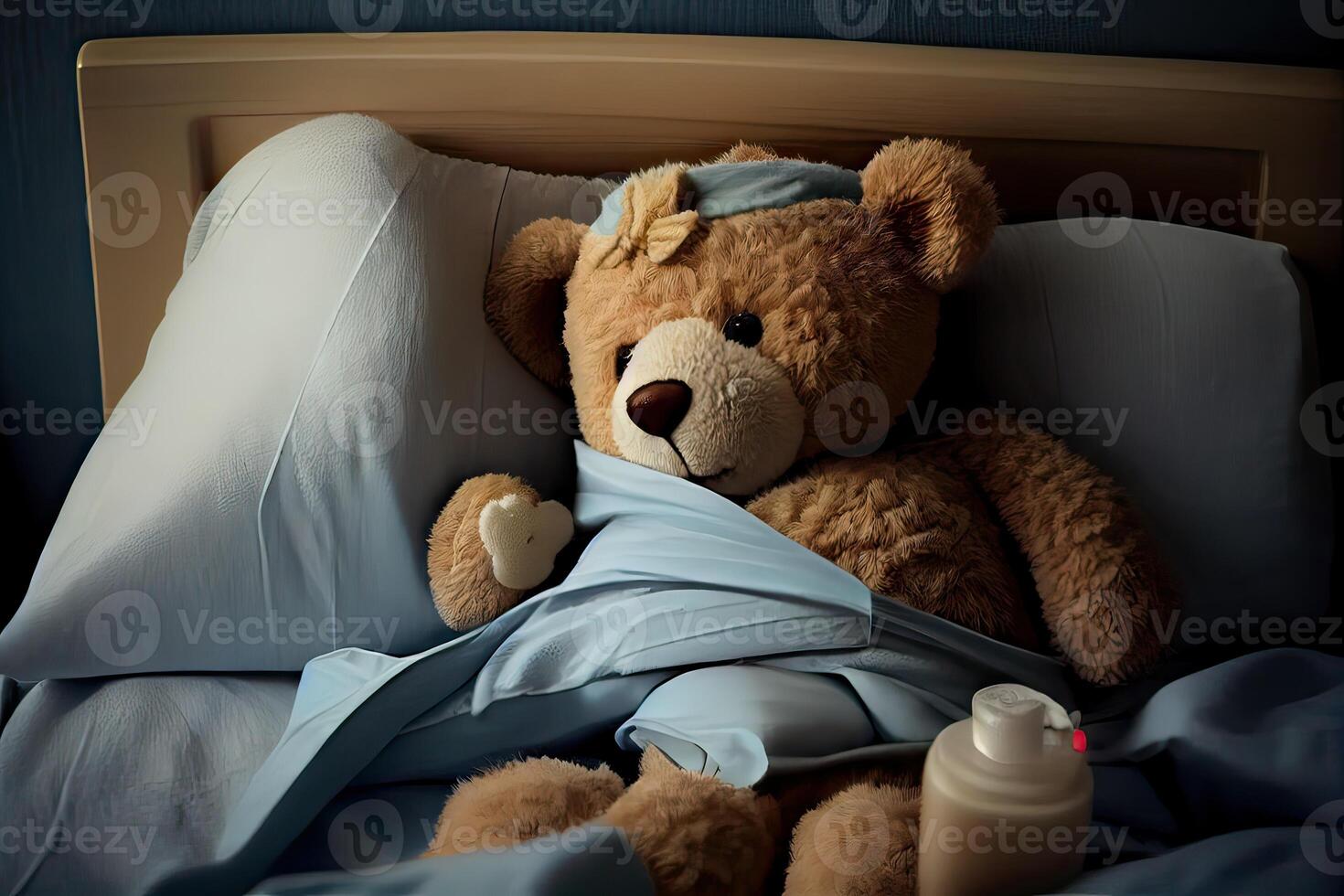 illustration of a teddy bear laying in bed and feeling sick photo