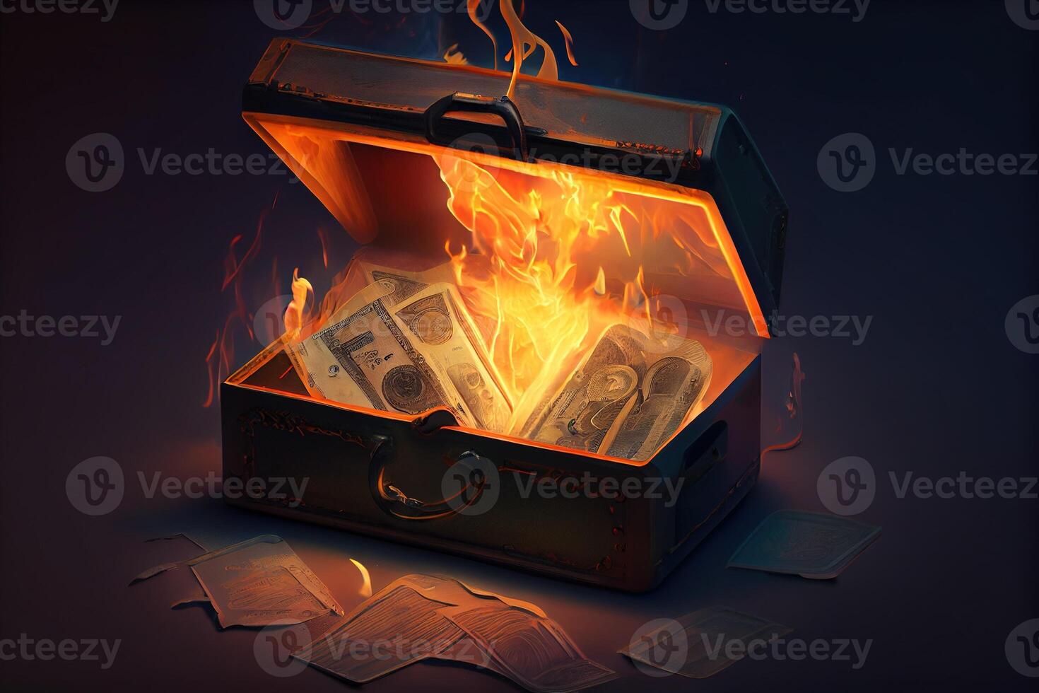 illustration of the metaphorical concept of loss and waste through the image of burning case full of money photo