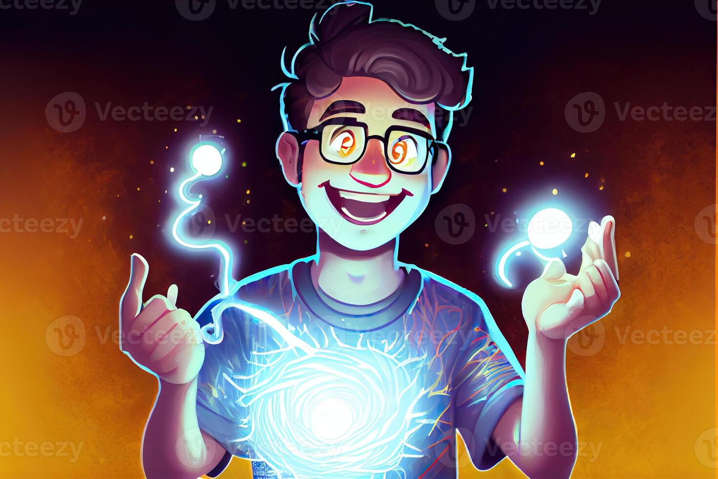 illustration of creative and emotional man an light bulb on light background. Business idea. photo