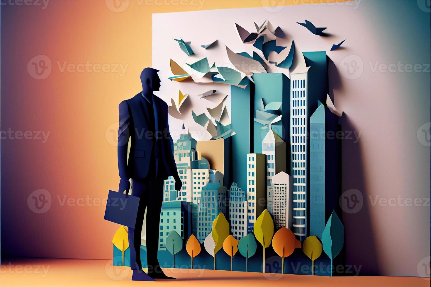 Business man in the city background, colorful. Business handshaking, successful concept. Paper cut craft, 3d paper illustration style. Neural network generated art. photo