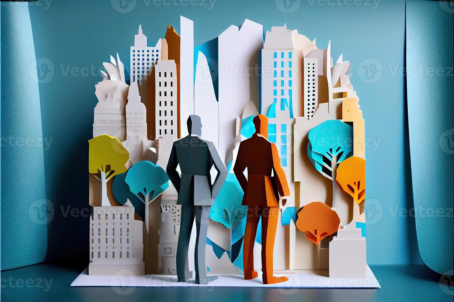 Business man in the city background, colorful. Business handshaking, successful concept. Paper cut craft, 3d paper illustration style. Neural network generated art. photo