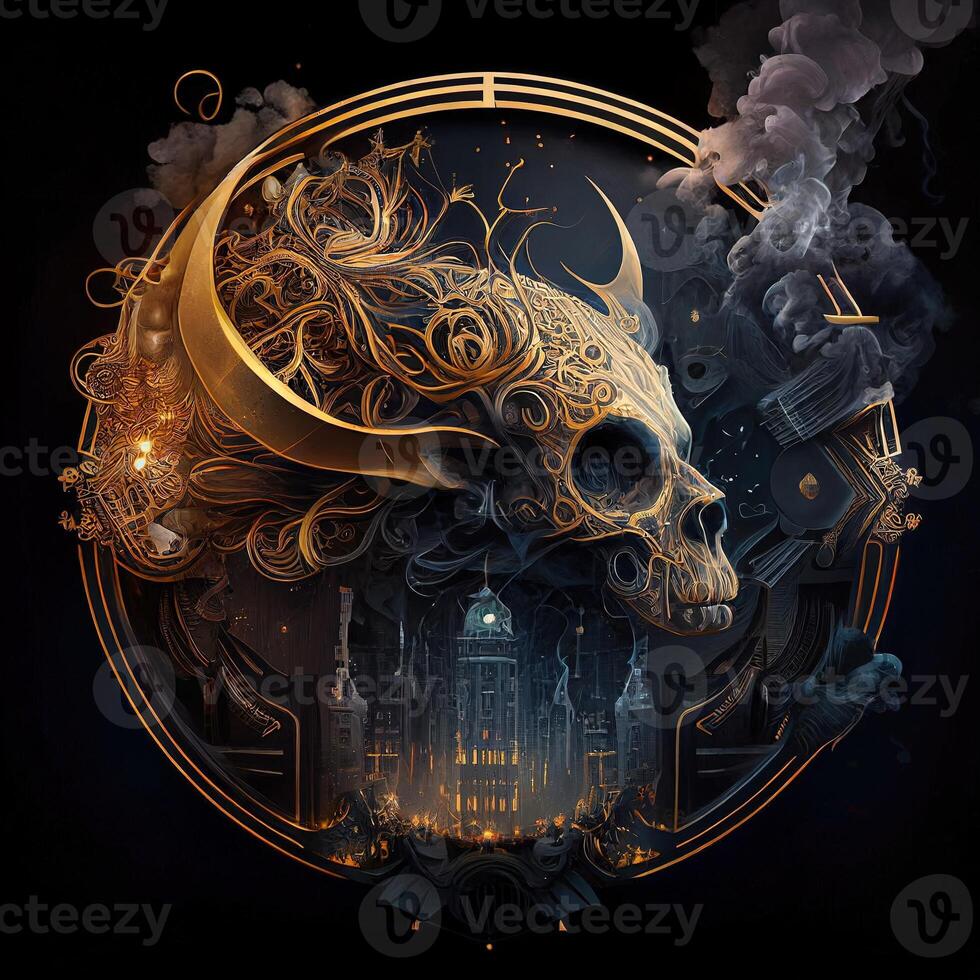 illustration of cyberpunk Zodiac sign with a industrial smoke, mechanic detail on shoulders, pollution, centered inside intricate gold and fire circle of city and Skyscrapers, steam punk photo