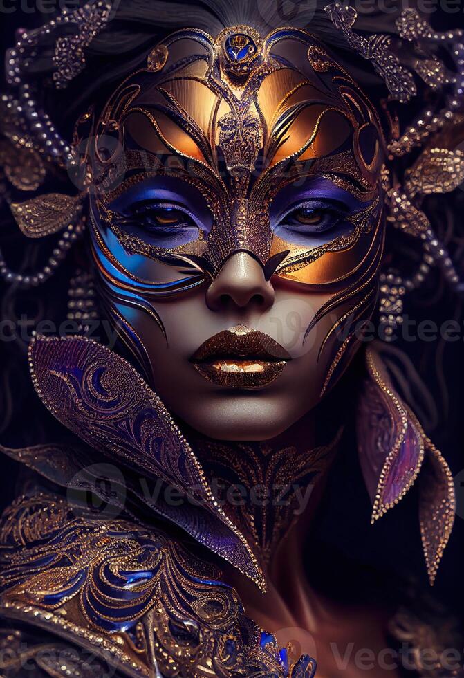 illustration of courtesan in a mask made of carnival glass, beautiful make up ideas, gorgeous, beautiful female eyes with carnival glass sparkly eyeshadow photo