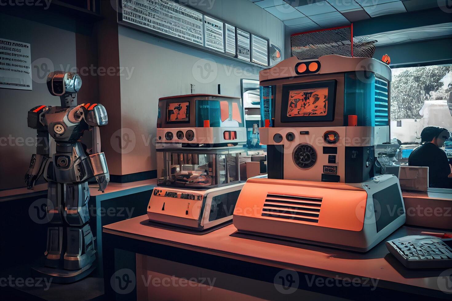 illustration of a futuristic robot cafe with a wide range of robot customers, where robots of all shapes and sizes come to enjoy a cup of java or a sweet treat photo